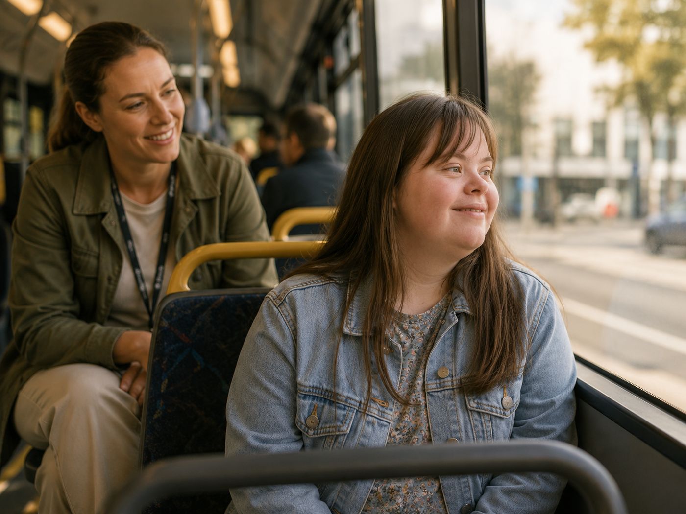 A young woman riding a city bus, looking out of the window, with a support worker behind her.