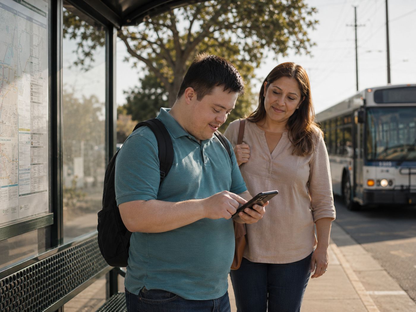 A young man checking a bus route on his phone while his mother stands beside him at the stop.