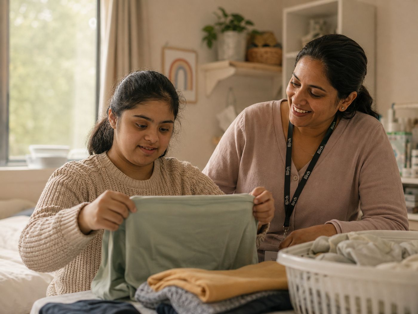 A young woman folding laundry on her bed with a Birch support worker beside her.
