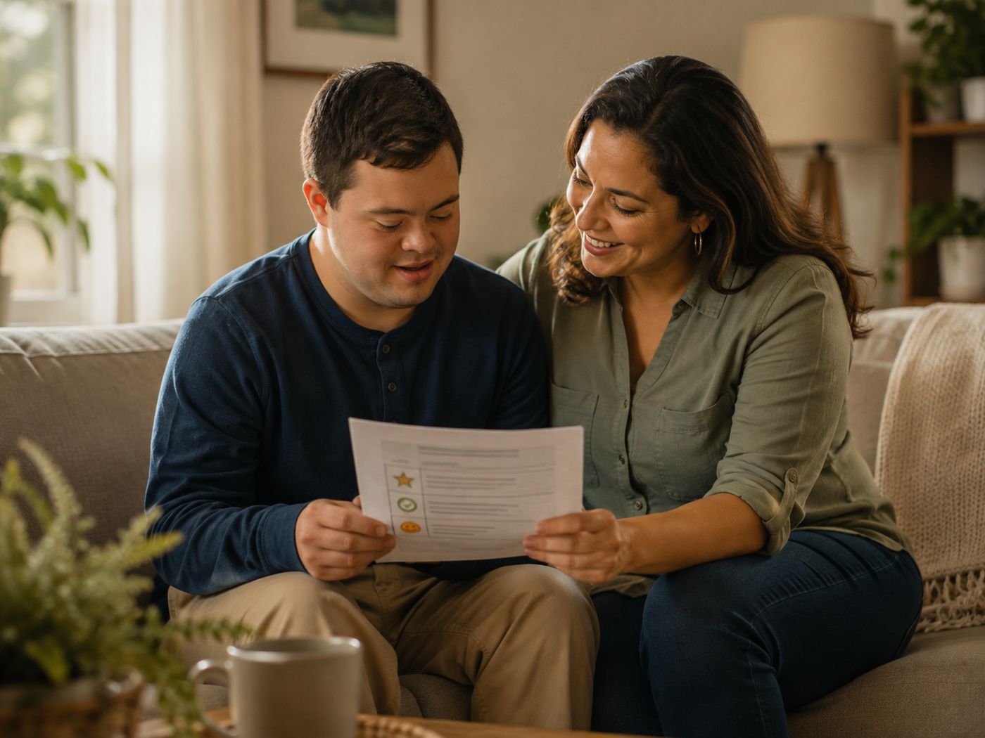 A young man and his mother reading a report together on the sofa.